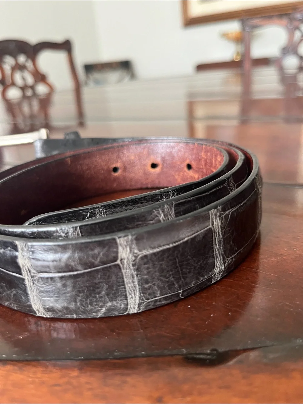 W. Kleinberg Black American alligatorBelt with Silver Buckle and Maroon Interior